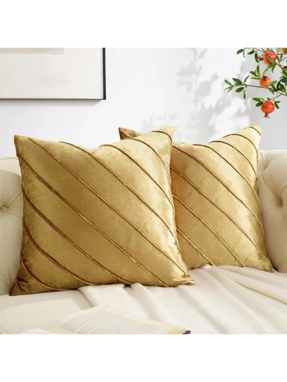 Decorative Velvet Pillow Covers Set of 2, 18x18 Gold Stripe Throw Pillows for